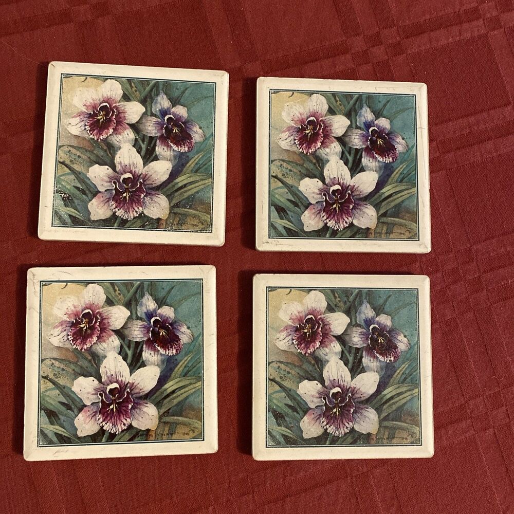 Set Of 4 Pottery Ceramic Floral Cottagecore Boho Coasters Orchid Cork Backing